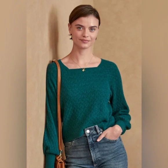 Garnet Hill Cashmere Blouson Sleeve Square Neck Pointelle Teal Sweater - Picture 1 of 11